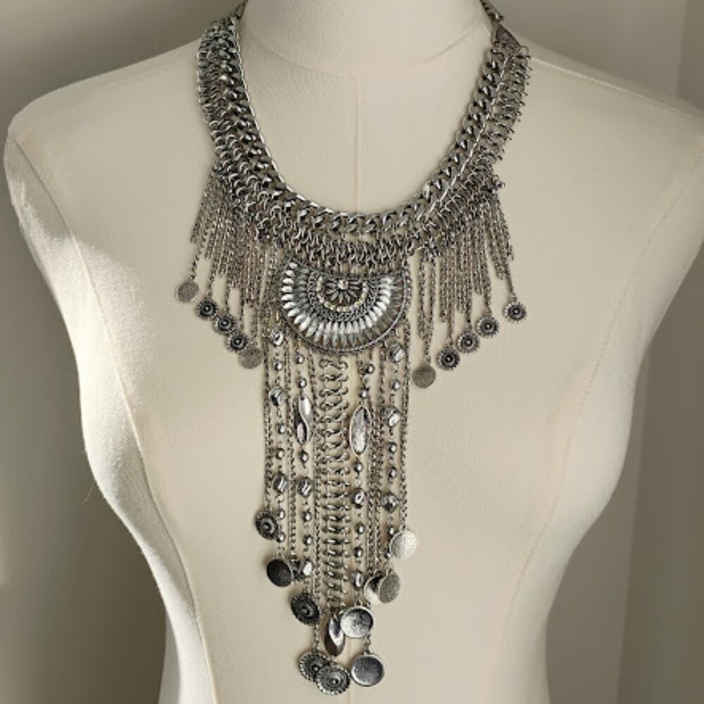 Boho Collar Silvertone Coin Fringe Bib Medallions Rhinestones Necklace